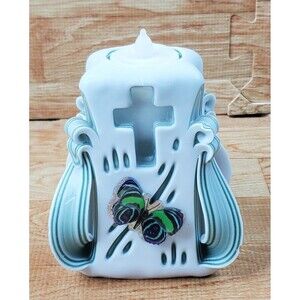 Carved Candle Mint Green and Ivory with Cross Votive Candle